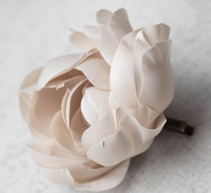 ivory satin flower, bridal hairpiece, wedding flower, hair clip